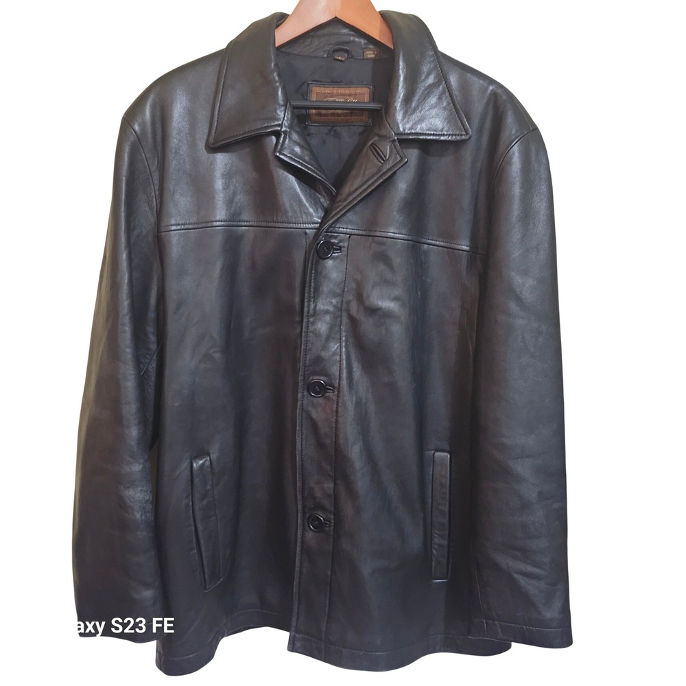 Tasso Elba Leather Jacket Men's L Black Button Front Collared Coat Buttery Soft